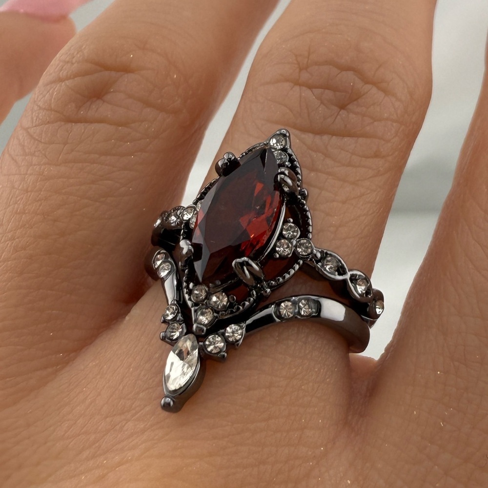 2x  gothic Black silver and Red Gemstone Ring